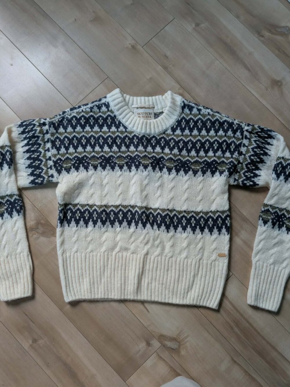 Scotch & Soda Fair Isle Cable Knit Sweater Small Cream Blue Green Cozy